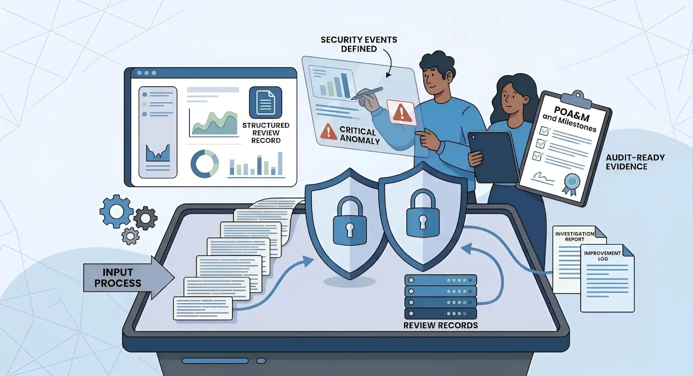 An illustration of a cybersecurity audit process. Two professionals analyze data on a digital screen featuring 