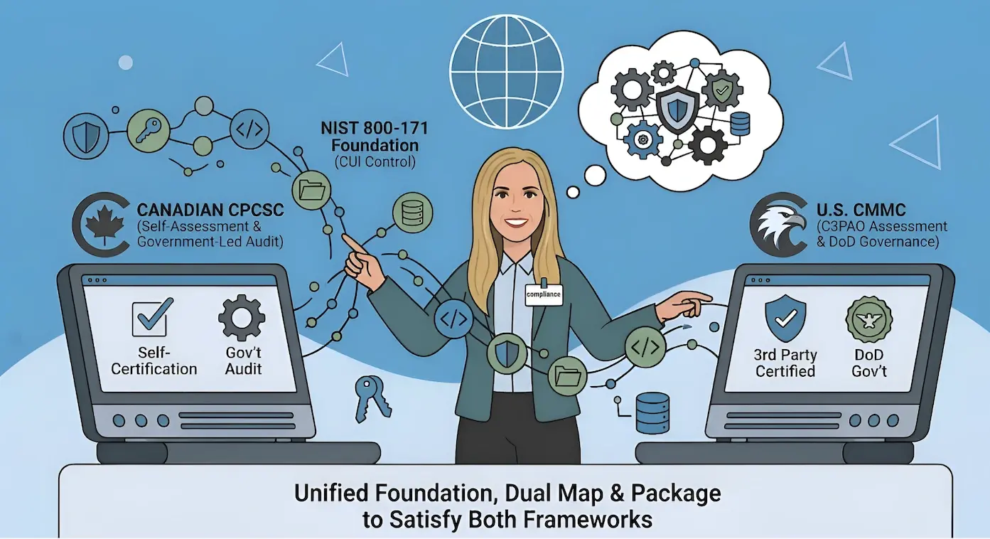 An infographic comparing Canadian CPCSC (Self-Assessment & Gov-Led Audit) and U.S. CMMC (C3PAO Assessment & DoD Governance). A central professional woman links both frameworks to a shared NIST 800-171 Foundation, emphasizing a unified strategy to satisfy both dual-jurisdiction requirements.