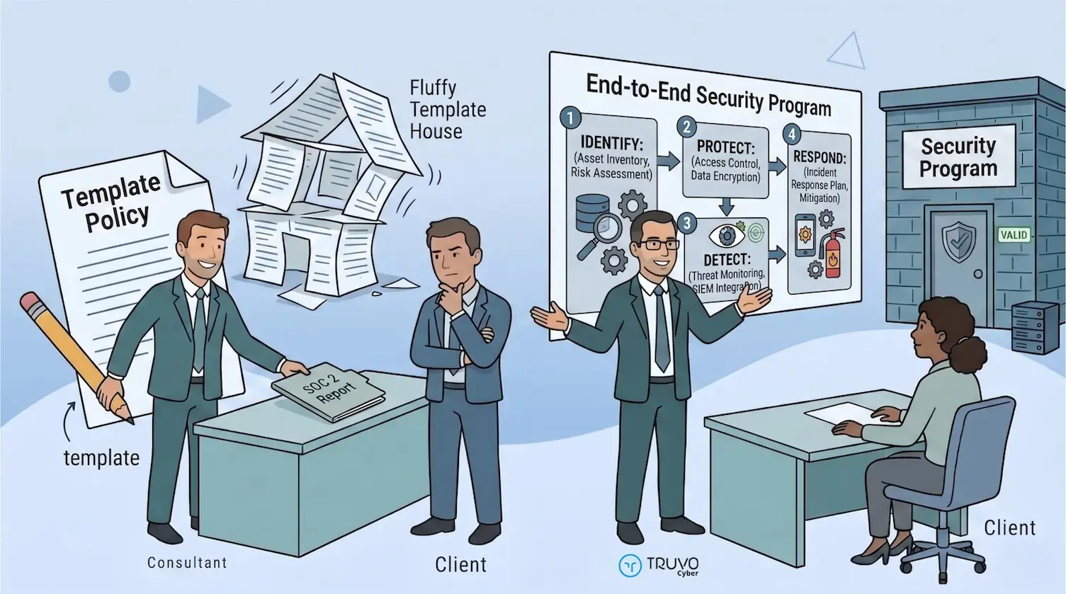 A comparison of two SOC 2 approaches. On the left, a 