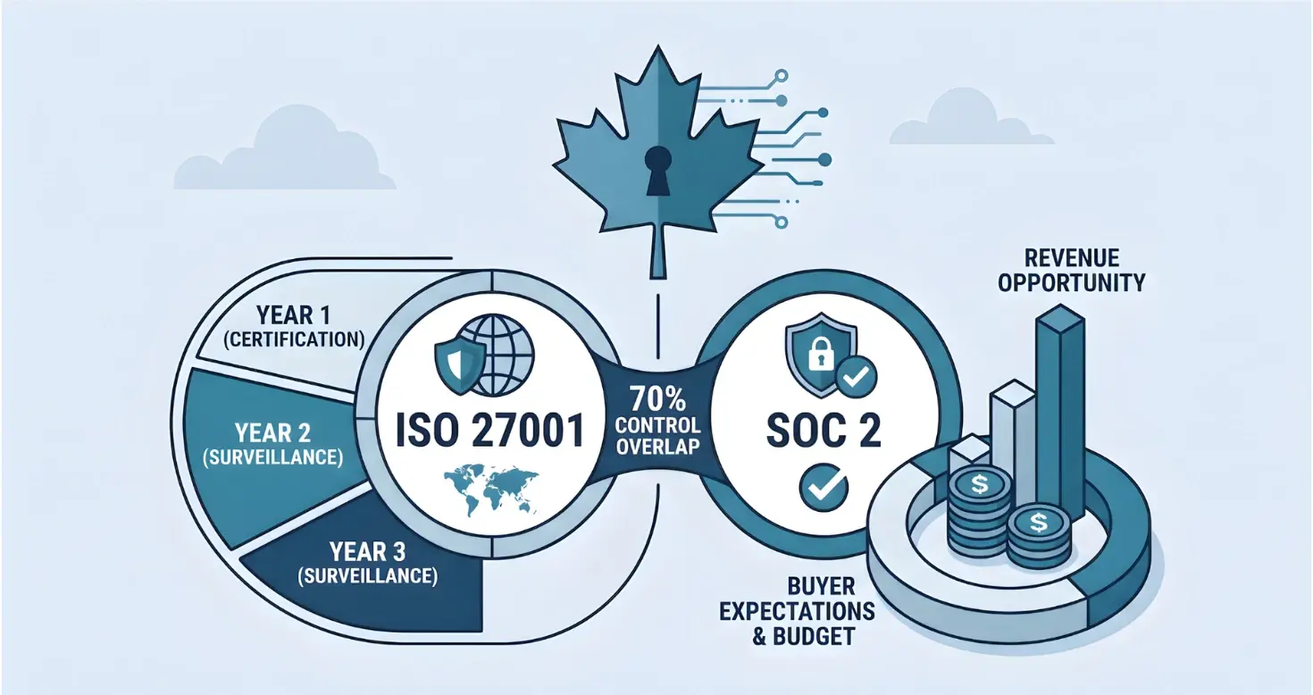 An infographic for Canadian SaaS, in blue vector style, showing how ISO 27001 and SOC 2 frameworks overlap by 70%. It details the 3-year ISO audit cycle and highlights 