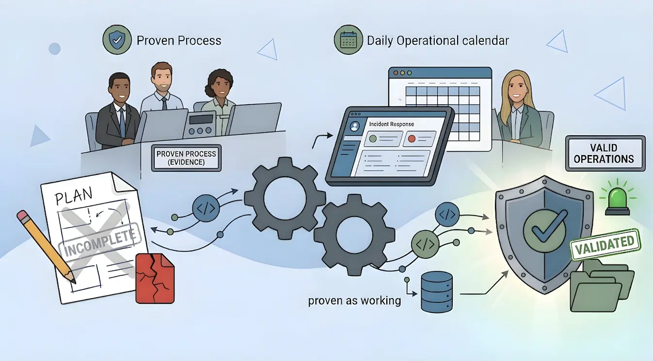 A vector illustration in a clean, flat style showing a cybersecurity team operationalizing their 