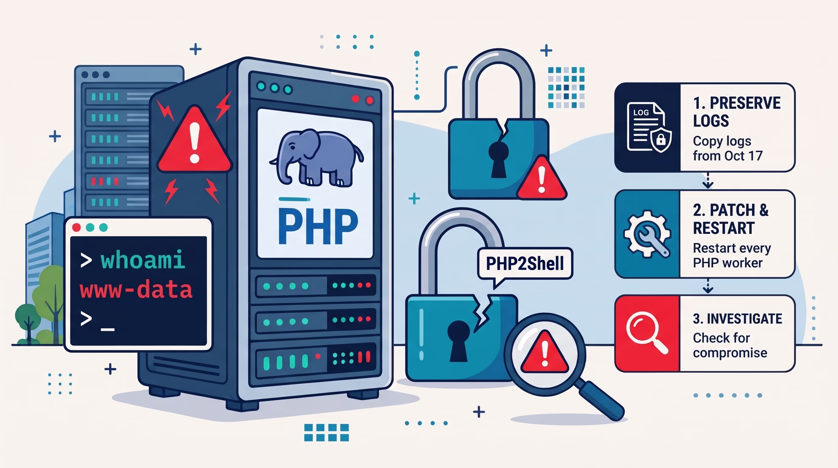 Illustration of the PHP2Shell vulnerability response. A compromised PHP server and broken padlocks are shown alongside three action steps: 1. Preserve Logs (Copy logs from Oct 17), 2. Patch & Restart (Restart every PHP worker), and 3. Investigate (Check for compromise).