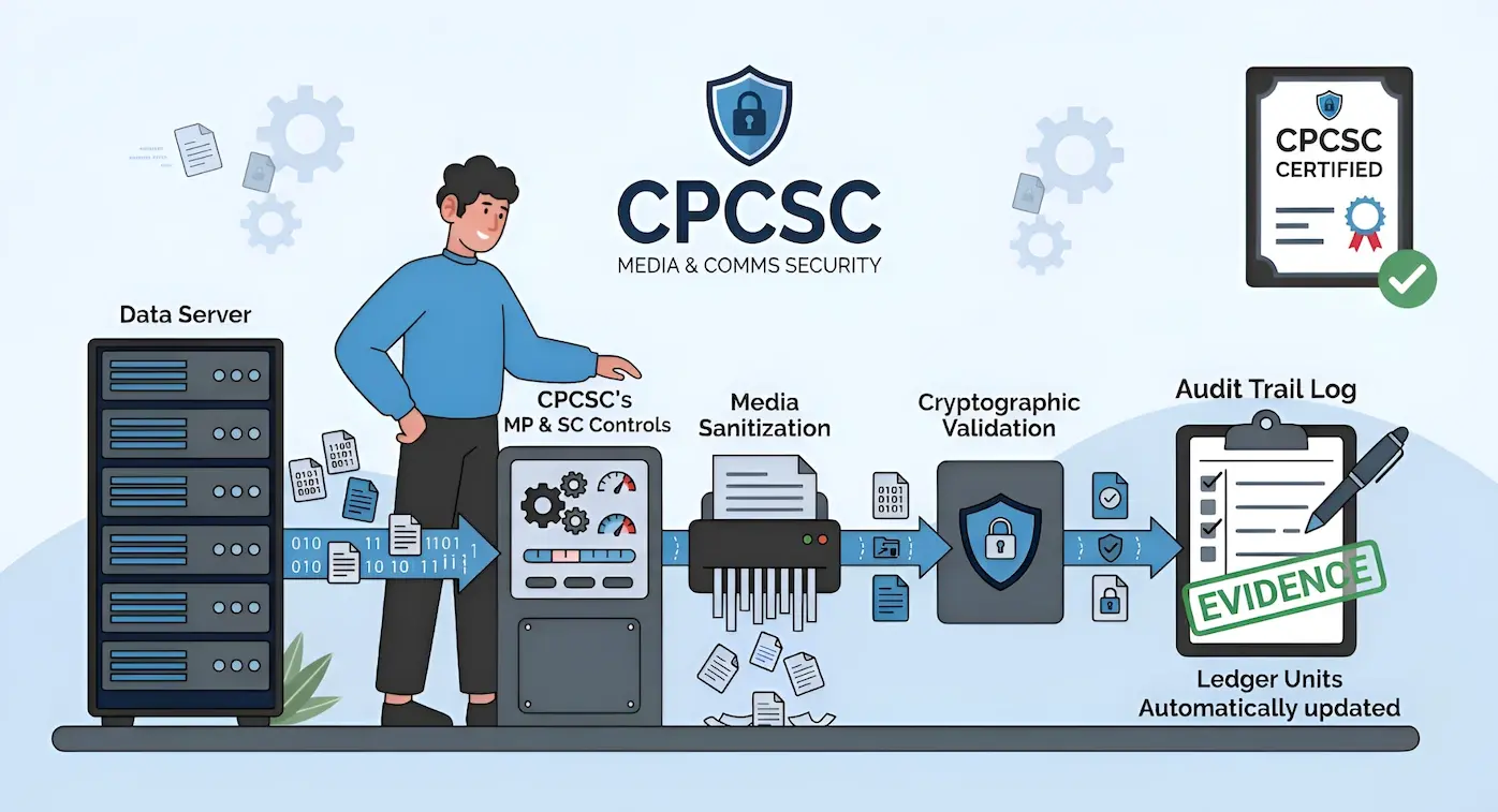 An infographic for CPCSC Media & Comms Security. A person monitors data moving from a server through 