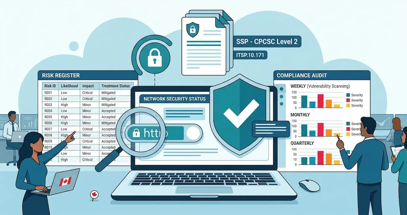 A professional illustration of a cybersecurity dashboard featuring a laptop, risk register, and compliance audit charts. People in an office manage data labeled 