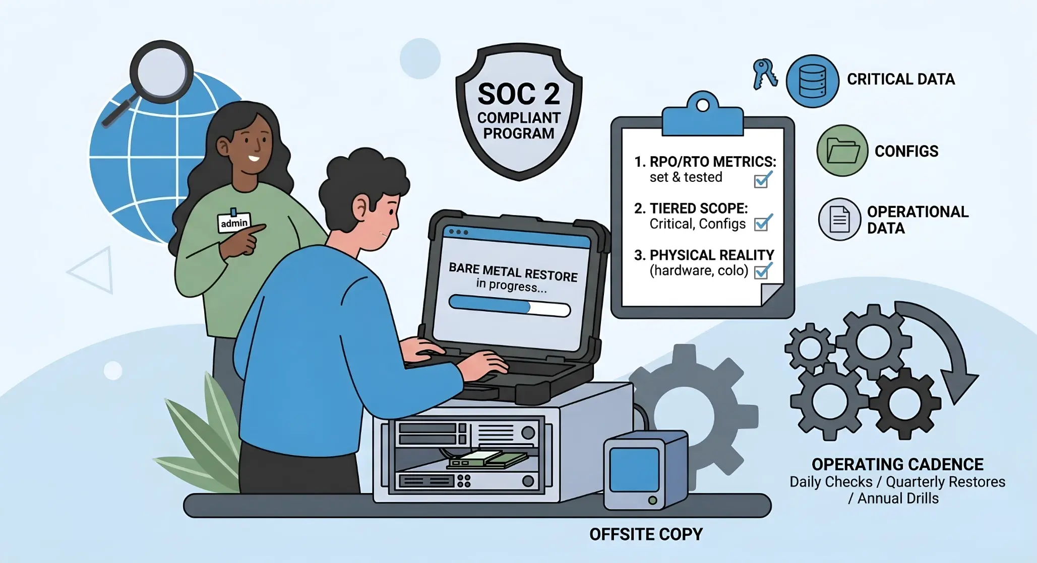 Infographic for SOC 2 Backup and Disaster Recovery. An admin watches a tech perform a 