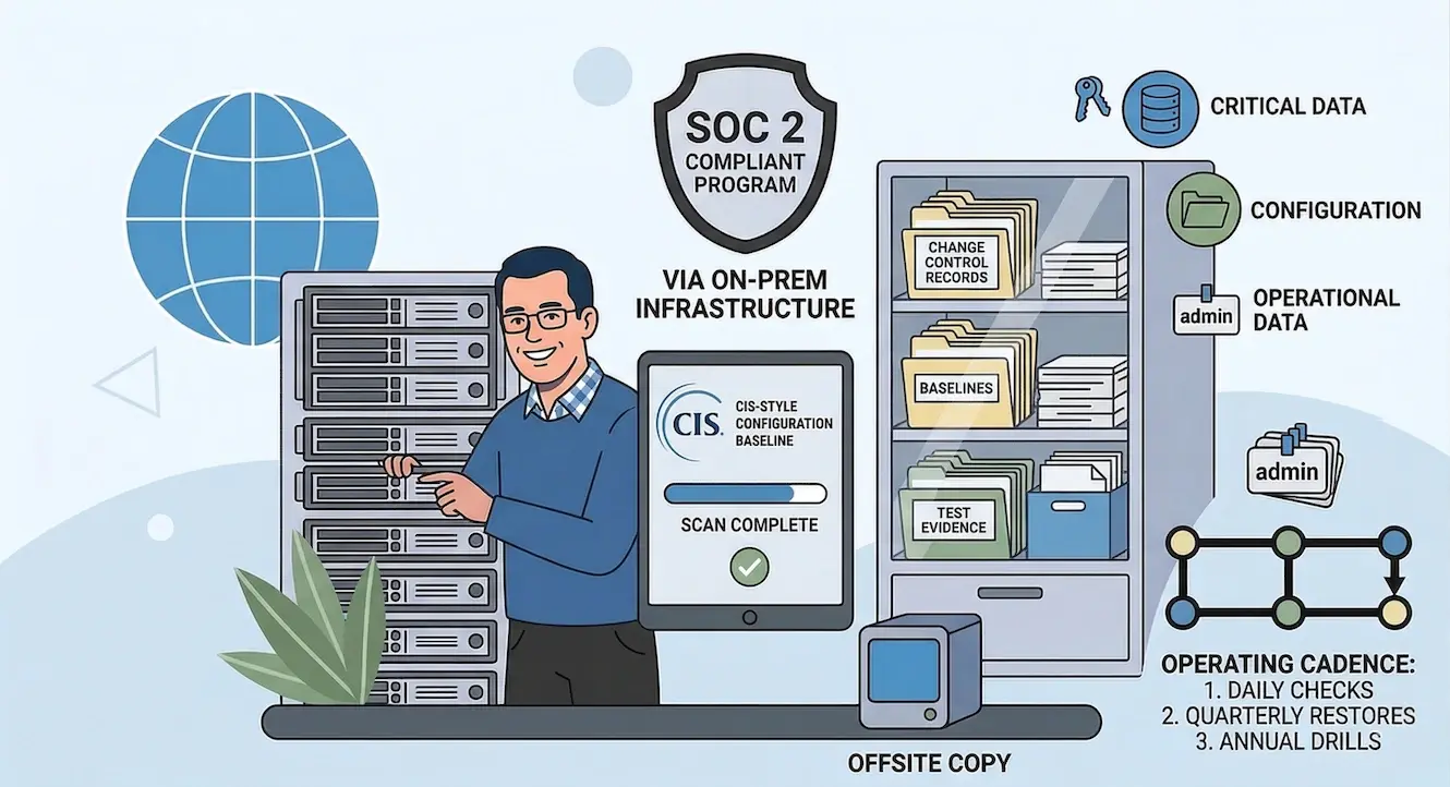 Illustration showing a SOC 2 compliant program via on-prem infrastructure. A man stands by a server rack and a tablet showing a completed CIS configuration scan. To the right, a filing cabinet stores baselines and test evidence. An "Operating Cadence" list details daily, quarterly, and annual tasks.
