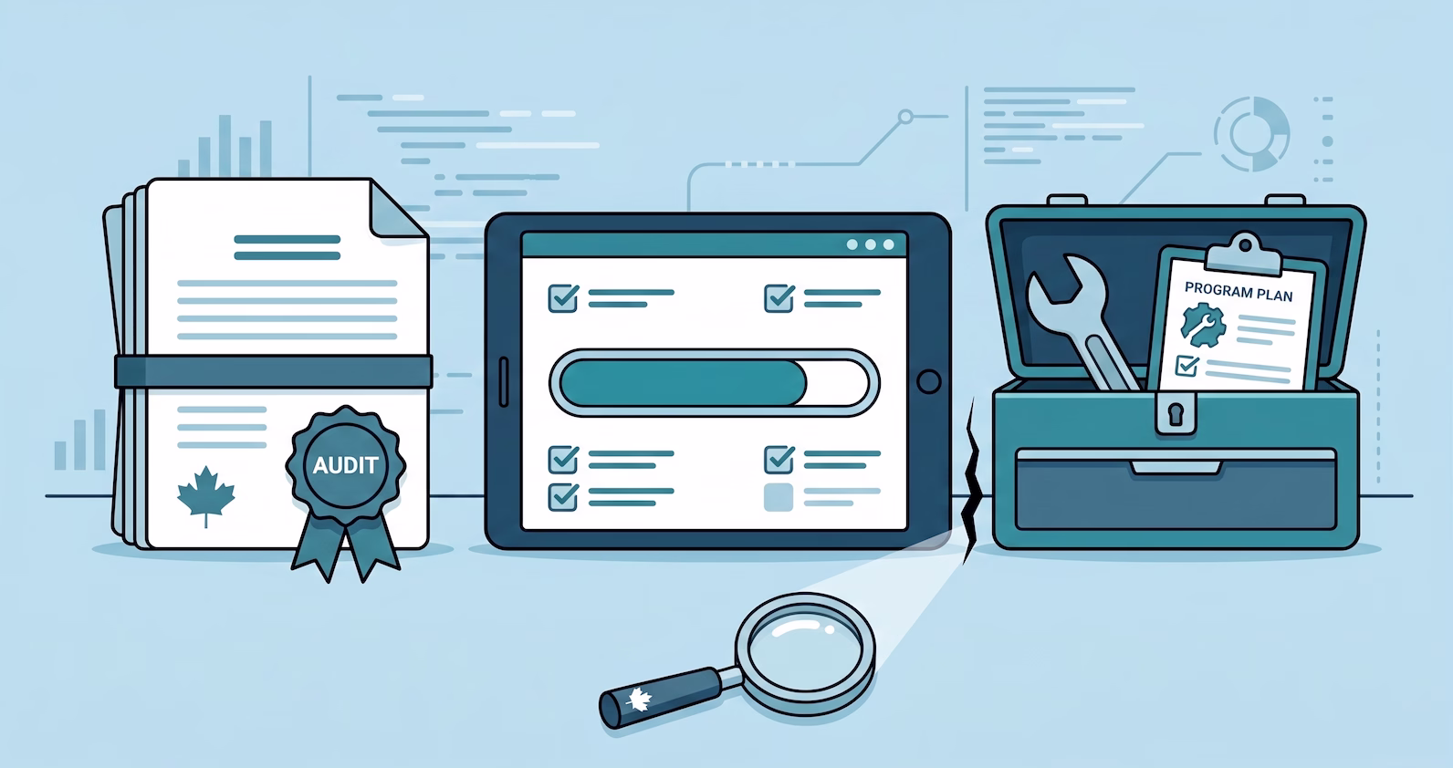 A stylized vector infographic shows a stack of audit documents with a maple leaf and seal, a tablet with a progress bar and checkboxes, and an open toolbox with a wrench and a 