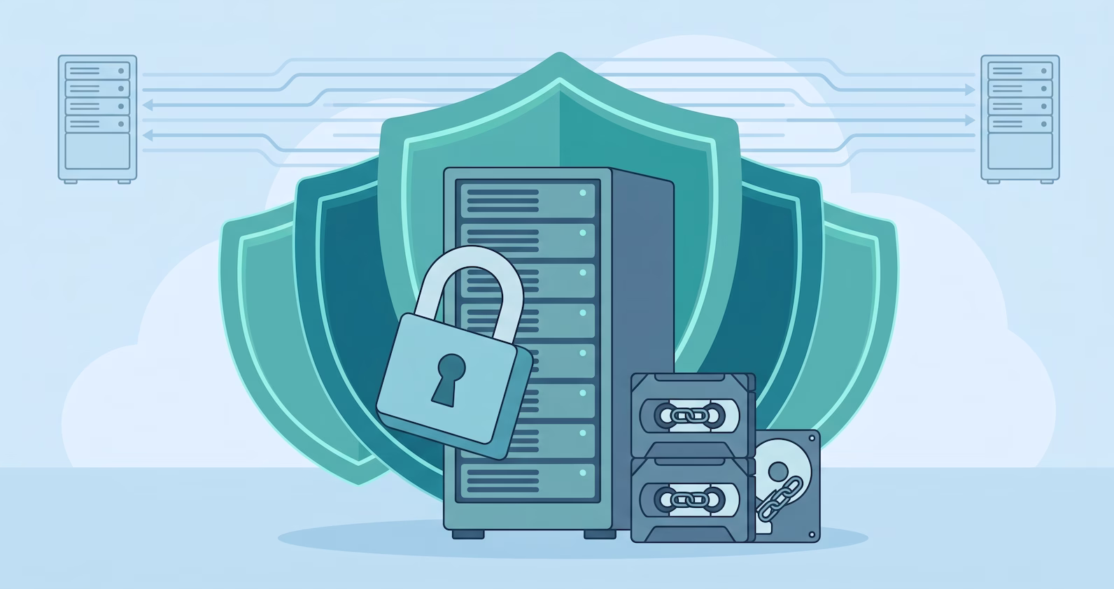 Flat 2D vector illustration of a central teal server rack protected by three concentric shield layers and an oversized padlock. Beside it are chained tape cartridges and a hard drive. Faint data lines connect to smaller servers in the background. Clean, muted blue and slate color palette.