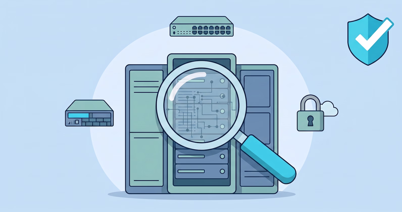 A 2D flat illustration showing an oversized magnifying glass scanning a central server rack, revealing internal network lines. In the background are icons for a firewall appliance, a network switch, a padlock with a cloud, and a cyan shield with a white checkmark, all on a blue background.