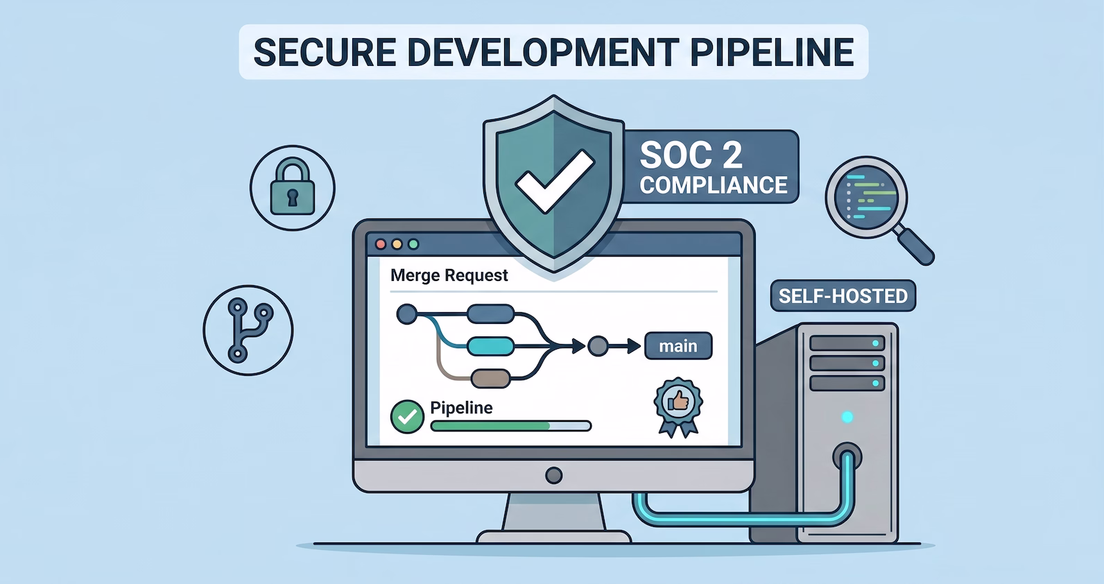 A flat 2D cartoon illustration on a powder blue background, featuring a computer monitor displaying a merge request, branch flow diagram, and a green pipeline status. A server tower is connected to the monitor, and a large shield labeled SOC 2 COMPLIANCE floats above. Icons like a lock and branch symbol orbit the scene.