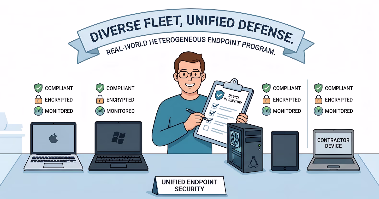 Flat 2D illustration of a smiling IT professional holding a 