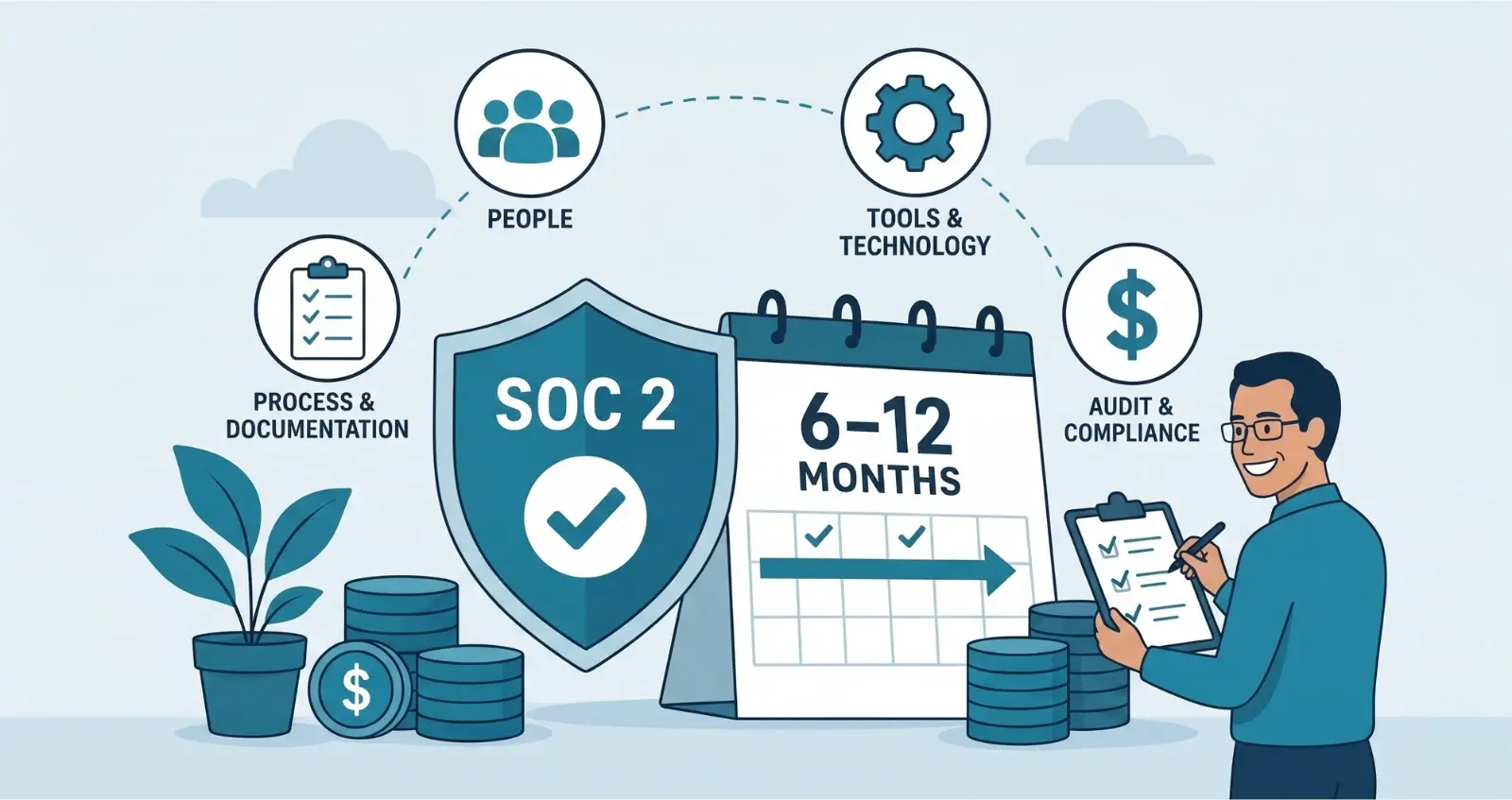 A vector infographic explaining SOC 2 compliance. It features icons for Process, People, Tools, and Audit linked to a shield. A calendar reads 