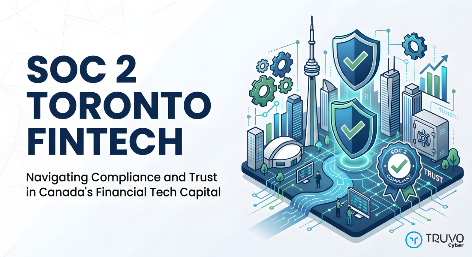 Modern vector illustration for a SOC 2 Toronto Fintech blog post. Features the Toronto skyline and CN Tower integrated with digital security symbols like shields, gears, and a vault. Includes the text 