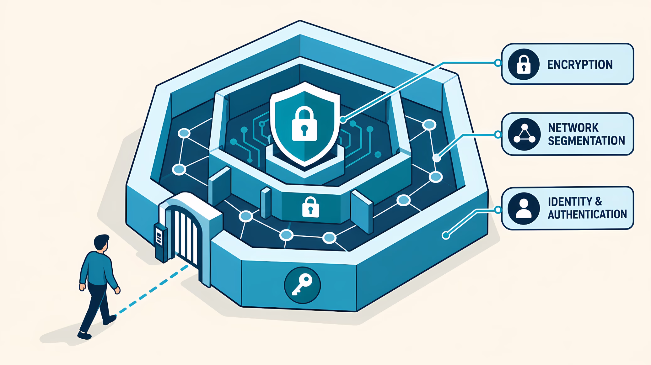 Isometric vector illustration of layered cybersecurity defenses around a central shield, showing encryption, network segmentation, identity and authentication, and a user approaching a controlled access gate.