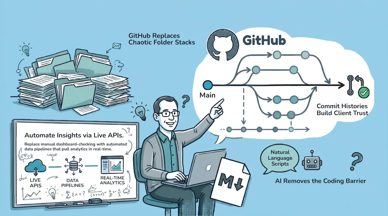 A man points to a GitHub workflow replacing a messy paper stack. Text highlights 