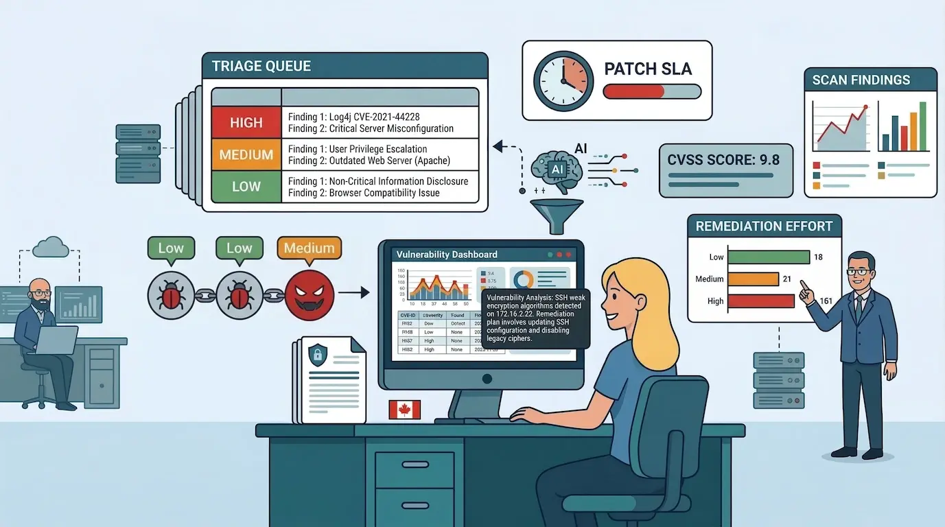 A cybersecurity operations infographic. A triage queue lists high, medium, and low priority findings like Log4j and weak server config. AI analyzes exploits from bugs (Low risk) to a malicious face (Medium). A dashboard displays a 9.8 CVSS score. Two analysts review the data near servers
