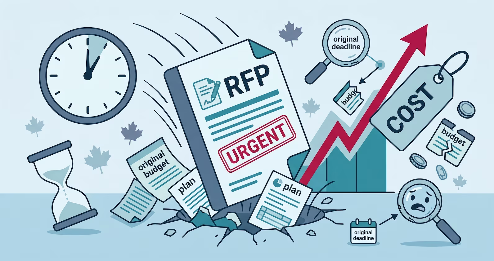 An illustration in muted blues showing an urgent RFP document crashing onto a plan and budget, with a rising cost arrow and a ticking clock.