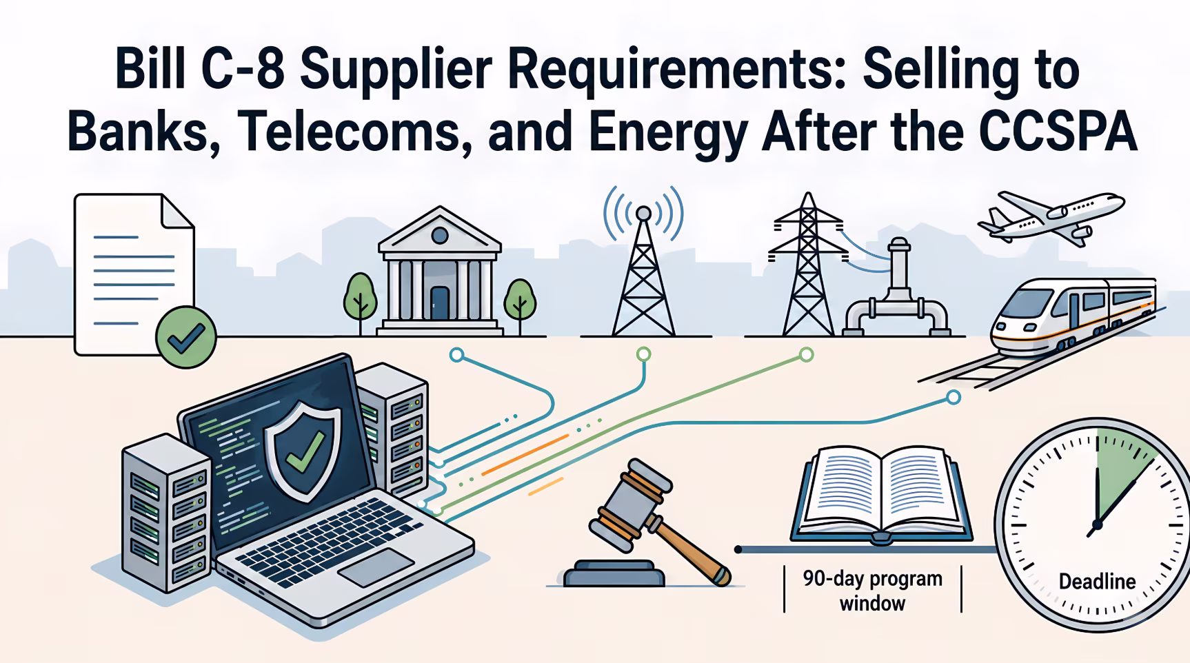 Flat vector illustration showing Bill C-8 supplier requirements, with a secured laptop and servers connected to banks, telecom towers, energy infrastructure, rail, and aviation, alongside legal documents, a gavel, a 90-day program window, and a deadline clock.