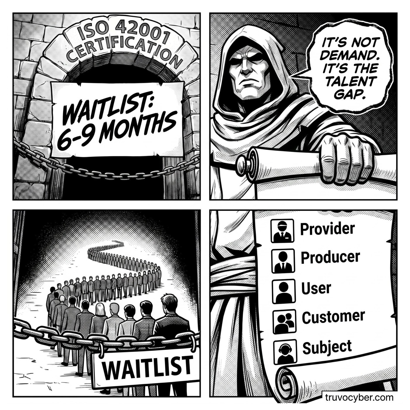 ISO 42001 certification waitlist: 6-9 months. The bottleneck is talent, not demand.