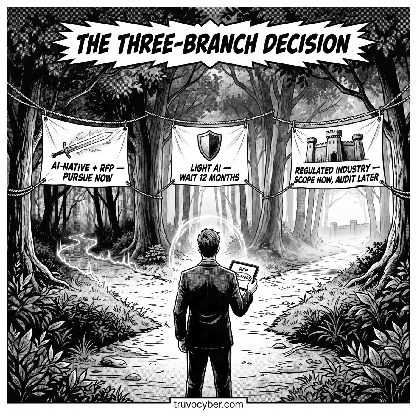 The three-branch ISO 42001 decision: AI-native pursue now, light AI wait 12 months, regulated industry scope now