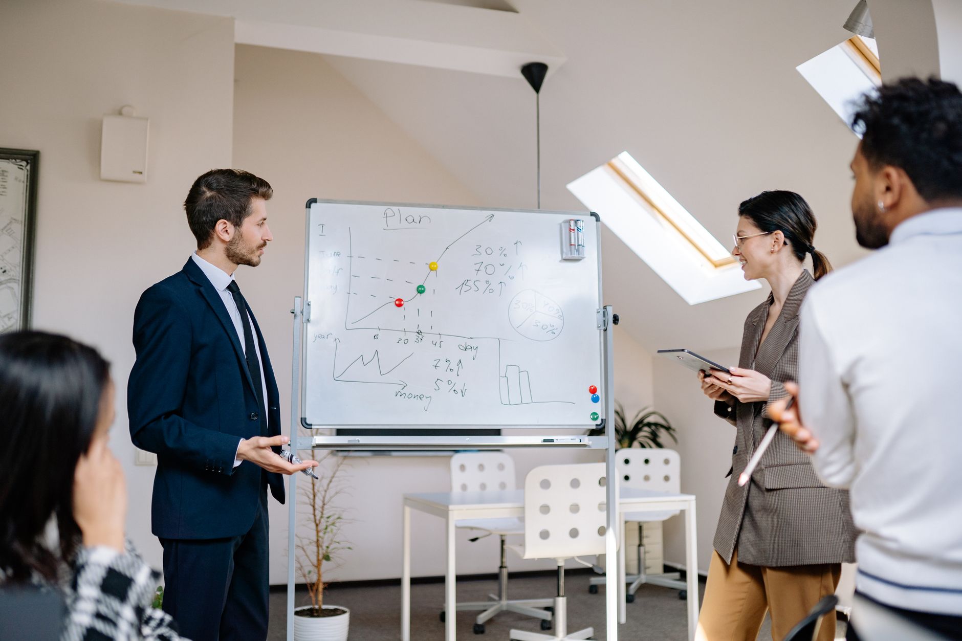 Colleagues collaborating at a business meeting, analyzing graphs on a whiteboard, illustrating Five Things That Slow Down On-Prem SOC 2 Audit Preparation, and How to Start Now