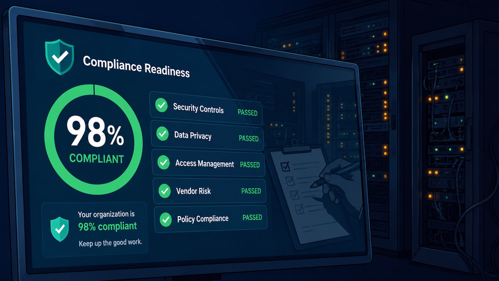 Compliance dashboard showing 98% readiness glows green on a monitor in a dark server room. A subtle reflection of an auditor’s clipboard and pen appears on the screen alongside shadowed server racks, highlighting the gap between automated compliance metrics and real-world audit visibility.