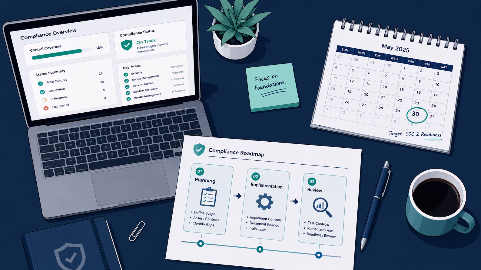 Overhead illustration of a startup workspace on a dark navy desk, featuring a laptop with a compliance dashboard, a three-phase roadmap document, and a calendar with a readiness target date circled, showing a clear, manageable compliance plan in progress.